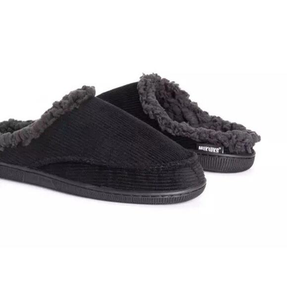 MUK LUKS Corduroy Clog Slipper Men 8 S Faux Fur Slip On Shoes Black Gray - Picture 2 of 9